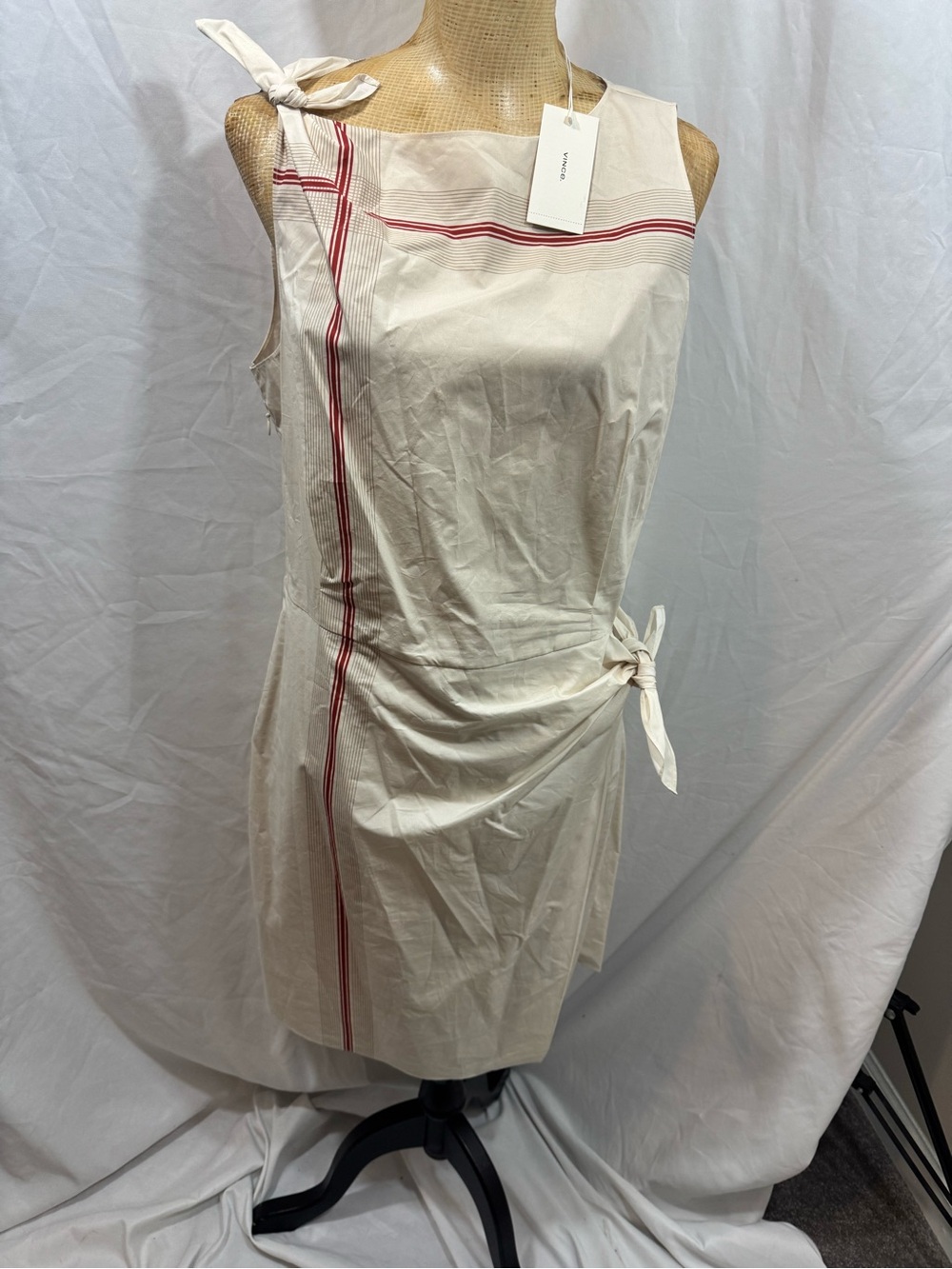 Vince Cream Midi Dress with Red Stripe Accents 10